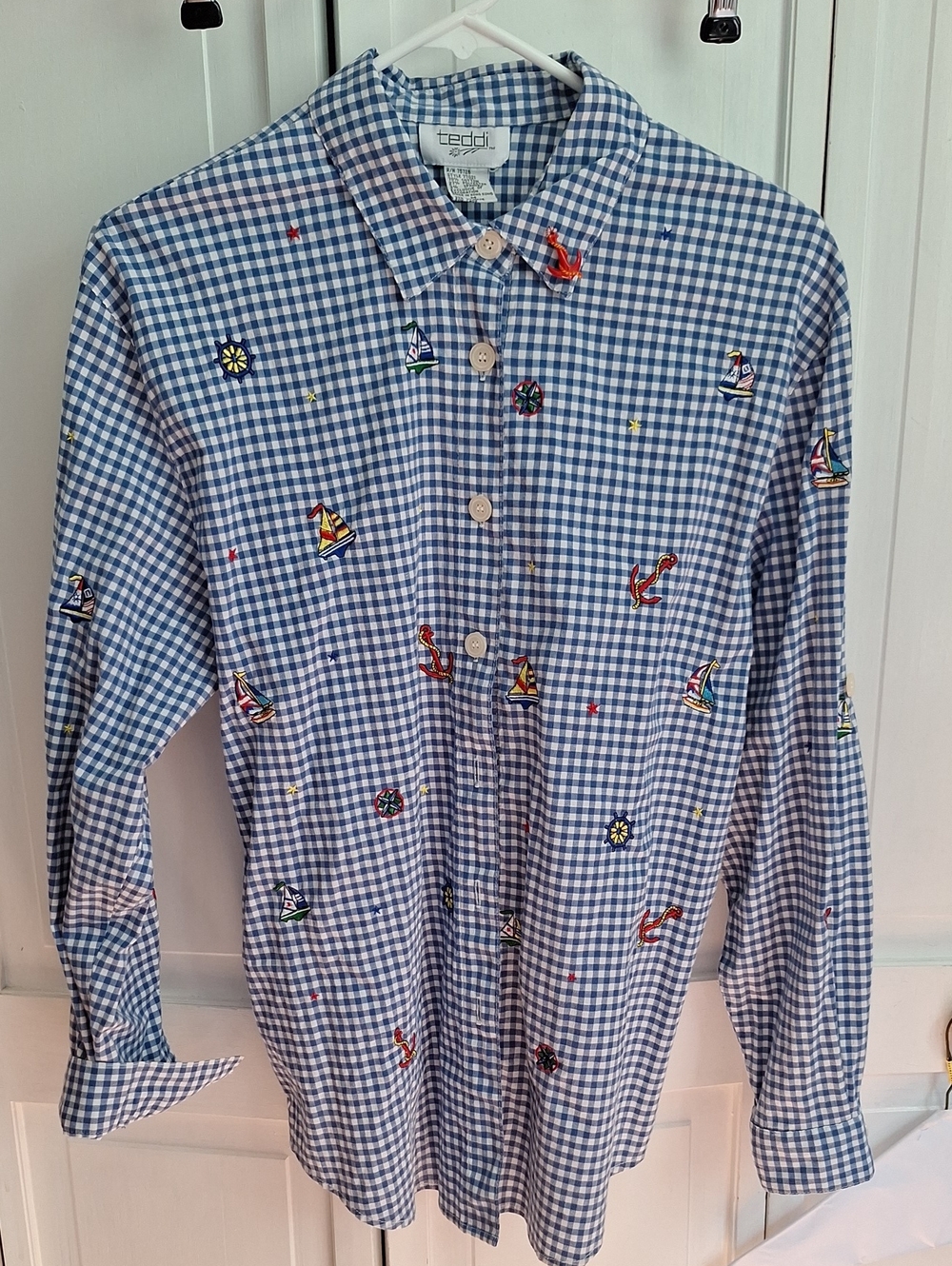 Teddi Blue Gingham Button-Down Shirt with Nautical Embroidery